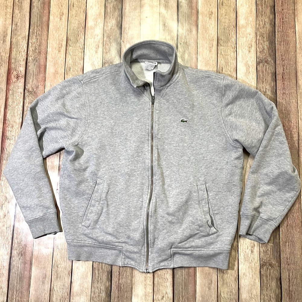 Lacoste mens 5 L Large light gray full zip up cotton blend sweater EUC